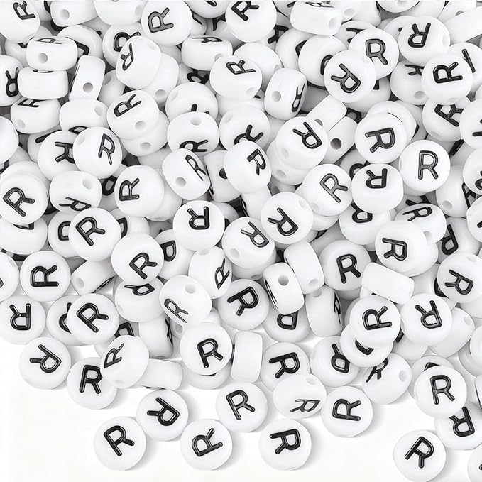 500 Pcs Letter Beads, 4 X 7 mm White Round Acrylic Alphabet Beads for Jewelry Making, Letter R Bead for DIY Friendship Bracelets Necklaces Making