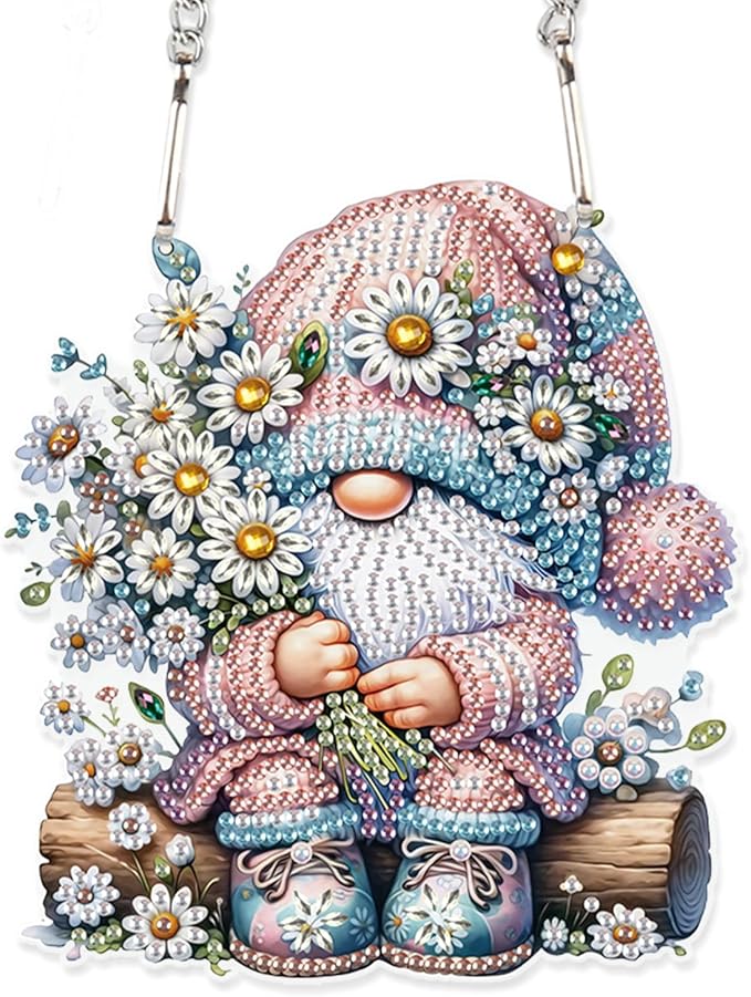 DIY 5D Diamond Painting Hanging Ornament Gnome with Daisy Flowers, Floral Crystal Rhinestone Diamond Art Pendant for Home, Wall, Window, Garden, and Gift