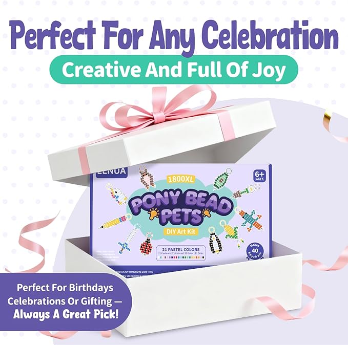 eenua pony bead pets keychain making kit 1800 beads in 21 colors 40 fun designs diy craft set with keychains elastic cord storage box perfect christmas, birthday party gifts for beginners