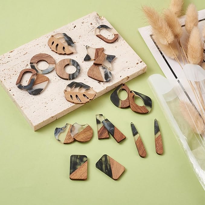 Beadthoven 20pcs/10 Pairs Ink Pattern Resin Wood Charms DIY Bohemian Earrings Black Clear Resin Wood Pendants Natural Wooden Pieces Tag Assorted Pendants for Fashion Jewelry Making Necklace Keychain