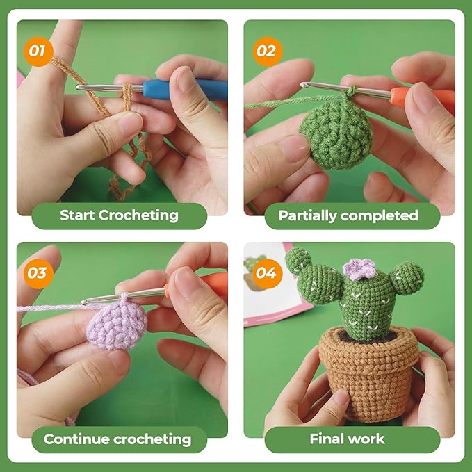 Finnacy Crochet Kit for Beginners Adults, Potted Cactus Plant Crochet Storage Box, All You Need in, Include Crochet Yarns, Hook, Step-by-Step Video, Instruction and Crochet Accessories