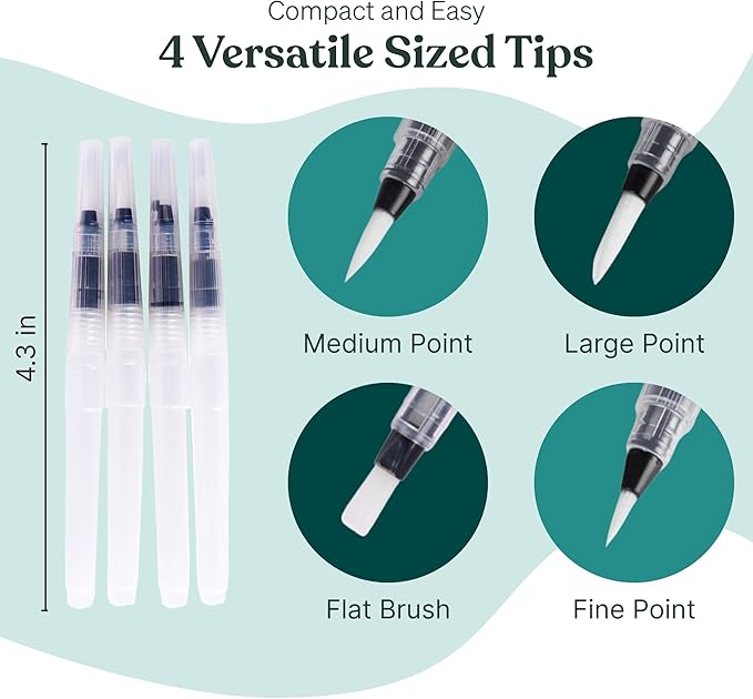 Original Tobios Watercolor Brush Pens Set – 4 Refillable Water Pens for Artists, Adults & Beginners, Leakproof Brush Tips for Blending, Calligraphy & Adult Coloring, Portable Paint Brush Set, Art Gift