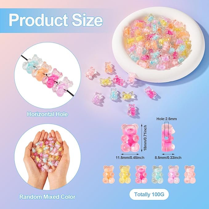 FASHEWELRY 1 Bag Clear Acrylic Bear Beads 18mm Gummy Bear Pony Beads Big Cute Candy Bear Beads Bulk for Bracelet Necklace Earring Jewelry Making