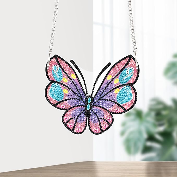 AiYuanzsh Cartoon Butterfly Diamond Painting Pendant Kit, 5D DIY Acrylic Special Shaped Rhinestones Diamond Art Hanging Ornament, Window Wall Door Decoration Craft Gift for Adults