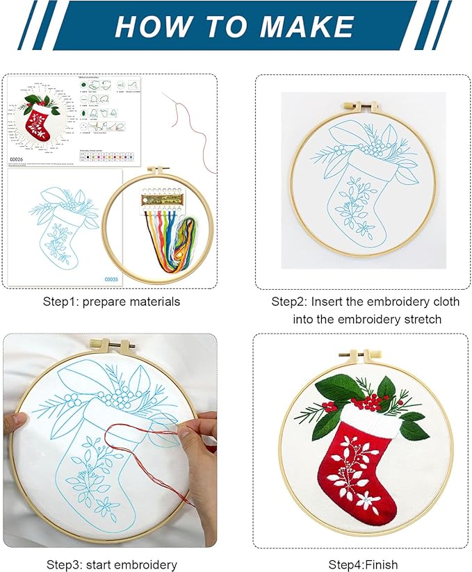 Zhenqing Christmas Stocking Embroidery Kit - 29x29cm Printed Fabric, Hoop & Tools for Beginners (C0035)