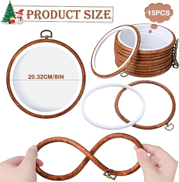 burbell 15 pcs 8 inch round embroidery hoops frame circle rubber hoops ring display cross stitch ornament imitated wood frame kits for spring gifts valentines day craft sewing diy hanging gifts