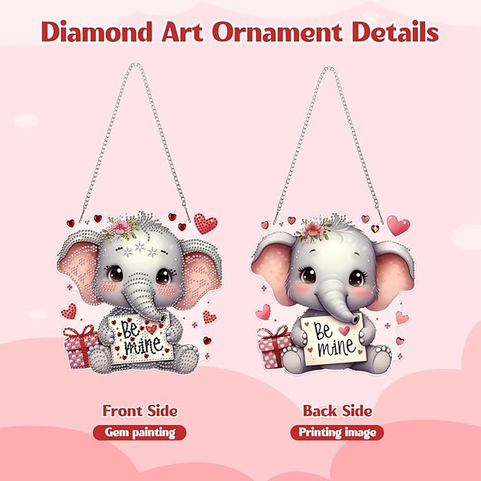 GHHKUD Cute Elephant Diamond Art Hanging Kit for Adults, DIY Double Sided Diamond Painting Hanging Valentines Kits Adults, Special Shaped Acrylic Ornaments Pendants for Window Home Garden Wall
