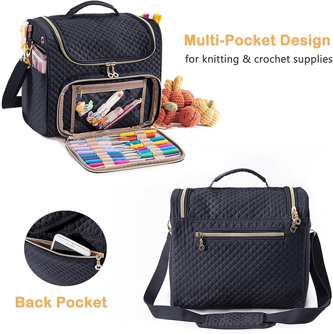 Crochet Bag Organizer - Quilted Storage Bag with Hanging Hook, Knitting & Yarn Tote for Crochet Accessories, Mother's Day Gift