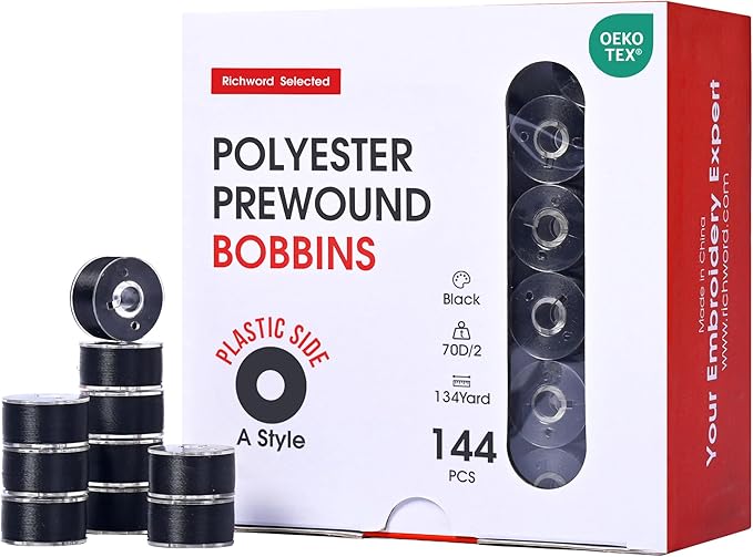 Poolin Prewound Bobbins Richword Selected 144pcs (Class 15) Size A Plastic Sided, 70D/2(60WT) Polyester Bobbin Thread for Single Needle Embroidery and Sewing Machine, Black