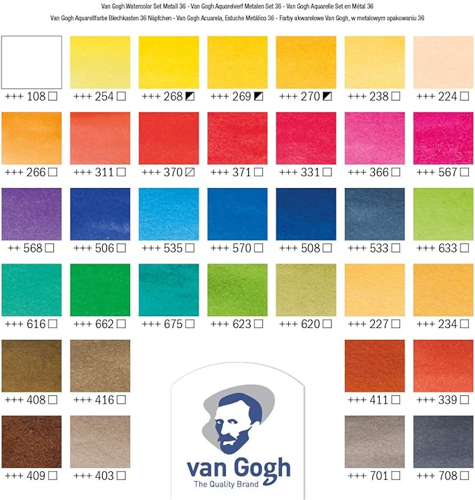 Van Gogh Watercolor Paint Set, Metal Tin, 36-Half Pan