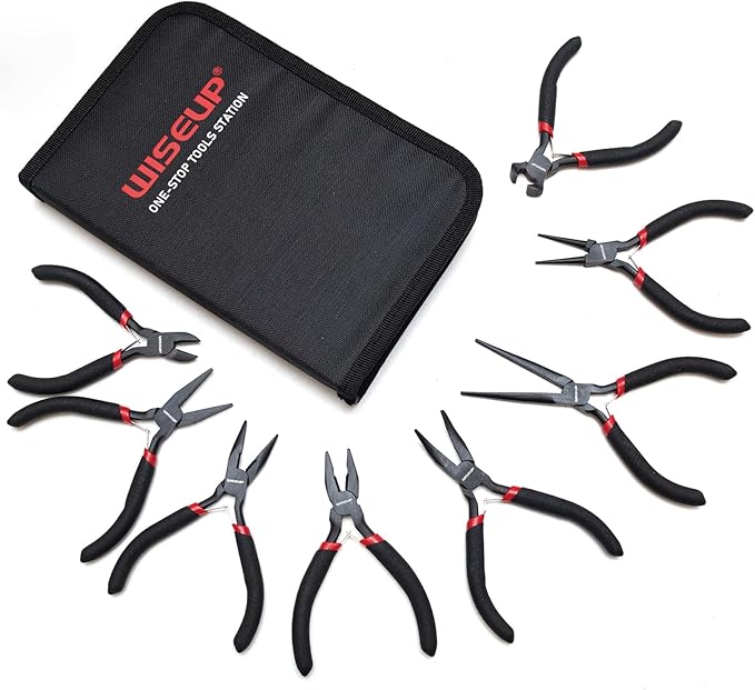 wiseup 8-piece mini pliers set，needle, round, flat, long, bent nose, diagonal, end cutting & linesman pliers for crafting, electronics & jewelry making，with pouch