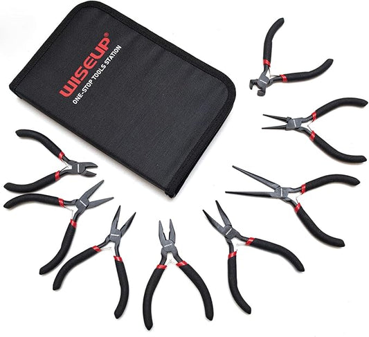wiseup 8-piece mini pliers set，needle, round, flat, long, bent nose, diagonal, end cutting & linesman pliers for crafting, electronics & jewelry making，with pouch