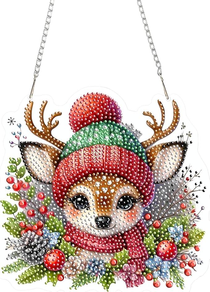 EMIEAUFG Christmas Diamond Art Hanging Kit for Adult, Xmas Deer Diamond Art Pendants, Double Sided Acrylic & 5D Special Shaped Rhinestone, Christmas DIY Ornament for Window Home Wall Decor