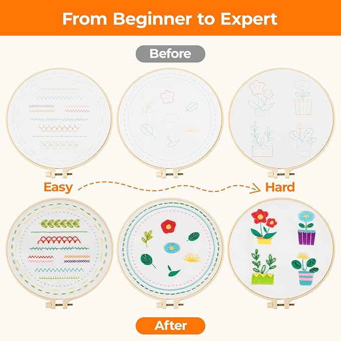 HTVRONT Sparkling Bead Embroidery Kit for Beginners- 3 Sets Complete Embroidery Kits with Step by Step Stitch Video & Instruction, Starter Embroidery Kit with 11 Stitches for Christmas Gifts for Woman