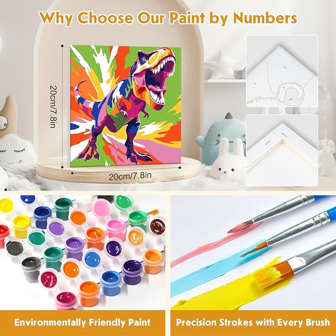 4 Pack Paint by Numbers Kit for Kids Beginner with Wooden Frame, Colorful Horse, Dinosaur, Lion, Giraffe, Paint by Numbers Kit for Adults, Rainbow Animal, Painting Kits for Home Wall Decor 8x8 inch