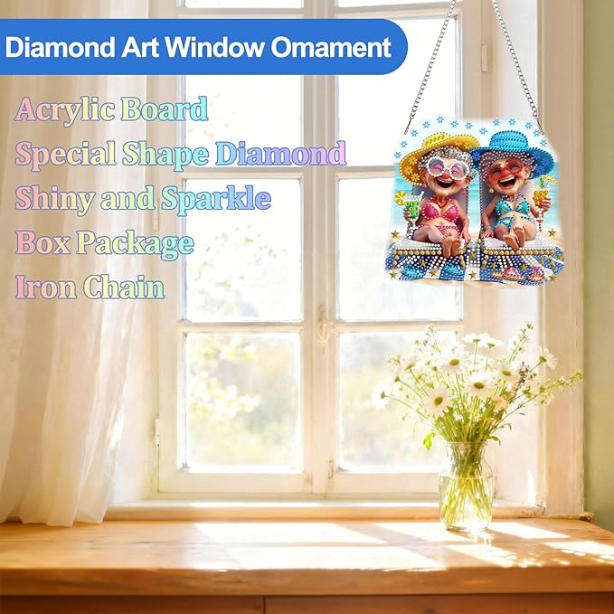 CEOVR Happy Grandma Hanging Diamond Art for Adults, Summer Beach Diamond Painting Pendant DIY Gem Art Wall Ornament, Acrylic Home Garden Decor with Chain, Box Kit 7.87×7.39inch