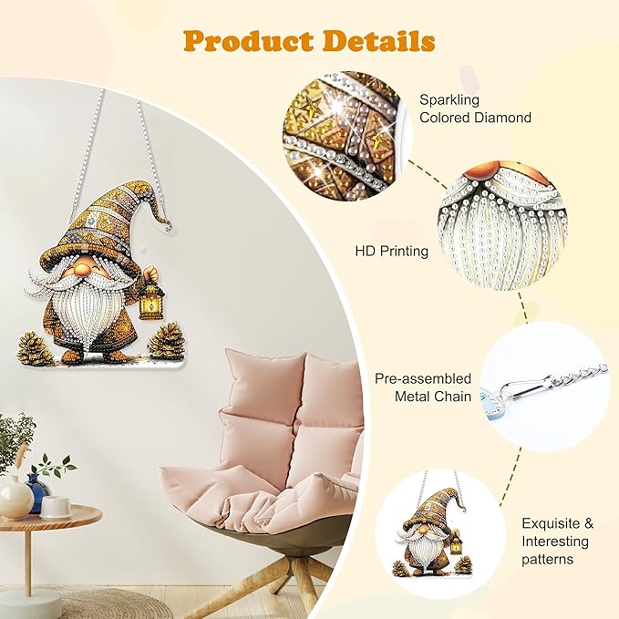 HEIBAGO Halloween Diamond Art Hanging Kits for Adults Kids, Hanging Diamond Art Gnome, 5D Special Shaped Crystal Diamond Painting Kit, DIY Pattern Window Pendant for Home Wall Decor 8.3x8.3 Inch