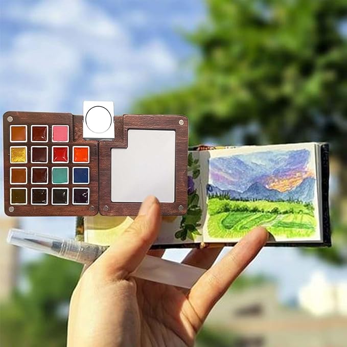 Mini Paint Palette Travel Kit - Mini Travel Watercolor Palette Set, Pocket Artist Water Color Travel Set with Colours, Watercolor Book, Binder Clips, Pens,Wooden Paint Box for Painters Artists Student