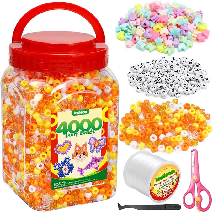 iooleem orange solid & glitter bulk pony beads - 4000pc kit for friendship bracelets & jewelry making, easy storage