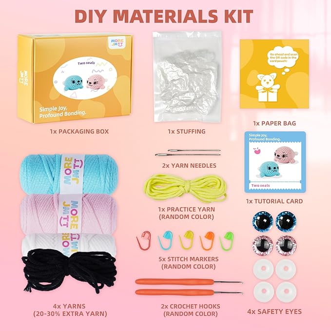 MOREJMTT Crochet Kit for Beginners, Learn to Crochet, Include Easy Knitting Soft Yarn, Step-by-Step Video Tutorial, Hook, Holiday Birthday Gift for Adults (Pink Seal& Blue Seal)