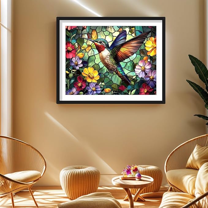 Hummingbird Diamond Art Paintings Flowers 5D Diamond Painting Kits for Adults Beginners DIY Stained Glass Diamond Art Kits Full Drill Gem Art Crafts for Adults Bird Wall Art Decor Gift 16x12 Inch