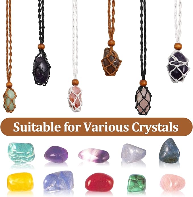 ZYNERY 9 Pcs Crystal Necklace Holder, Adjustable Crystal Holder in S M L, Woven Cage Necklaces for Jewelry Making DIY Crafts Accessories Stone Holder Necklace Cord Black, Brown, White
