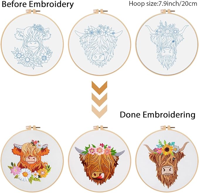 Louise Maelys 3 Sets Highland Cow Embroidery Kits for Beginners,Cross Stitch Kit for Adults,Starters DIY Needlepoint Including Embroidery Hoop Cloth Needles Instruction and Threads