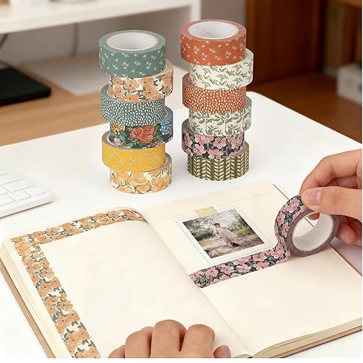 12 Rolls Watercolor Floral Washi Tape Set 15 mm Vintage Flower Decorative Masking Tape for Spring Arts DIY Craft Scrapbook Journal Supplies Gift Wrapping(Warm Tones,Botanic)