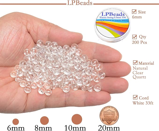 LPBeads 200Pcs Polished 6mm Round Natural Clear Quartz Gemstone Loose Beads with Stretch Cord for Jewelry Making Bracelets