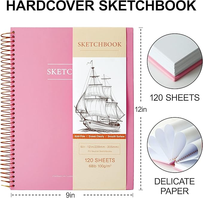 9 x 12 inches Hardcover Sketchbook for Drawing 120 Sheets Spiral Bound Sketch Pad Premium Art Sketchbook Artistic Drawing Painting Writing Paper(68lb/100gsm) for Kids Adults Beginners Artists, Pink