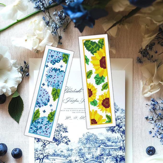 INFUNLY 6pcs Red Rose Cross Stitch Bookmark Kits DIY Sunflower Peach Blossom Embroidery Bookmark Kits for Beginners with Instruction Blue Flower Bookmark Making Kit for Book Lovers Readers Women Gifts