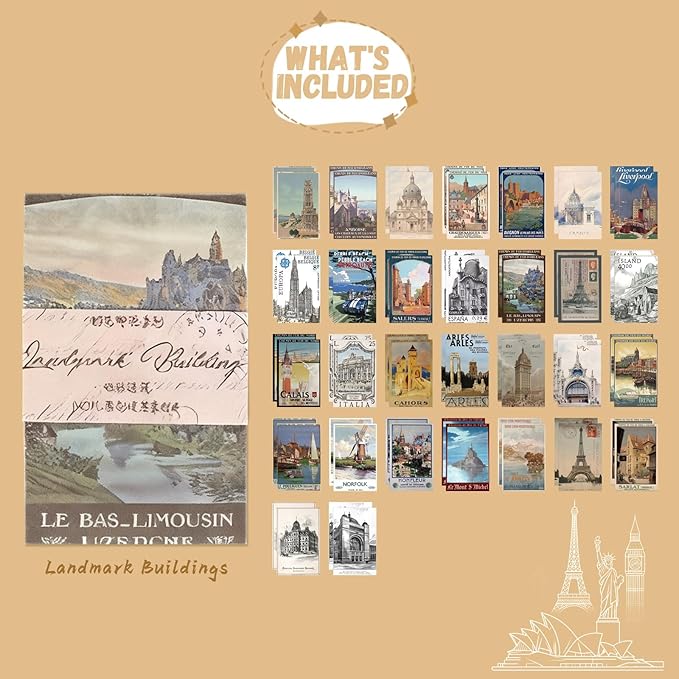 60 Sheets Junk Journal Ephemera Kit, 30 Unique Vintage Scrapbook Paper Patterns for Bullet Journal, Planner Supplies, 3x2 inch (80x50mm) Collage Material (Landmark Buildings)