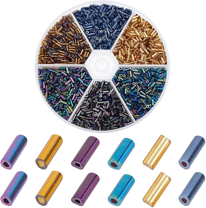 PH PandaHall 2760pcs Glass Bugle Beads 6 Colors Glass Tube Beads 4mm Tube Spacer Beads Czech Bugle Beads for Bracelet Necklace Jewelry Making Embroidery DIY Crafts, 1mm Hole