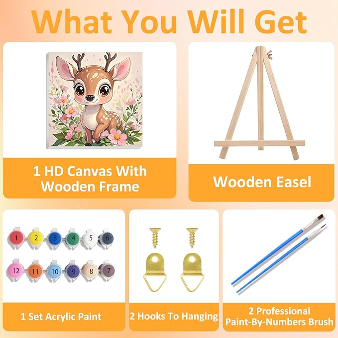 Paint by Numbers Kit for Kids with Frame, Deer Paint by Numbers for Kids Ages 4-8-12, DIY Deer Acrylic Oil Painting for Home Wall Art Decor Gift 7.8x7.8 inch (with Frame Easel)
