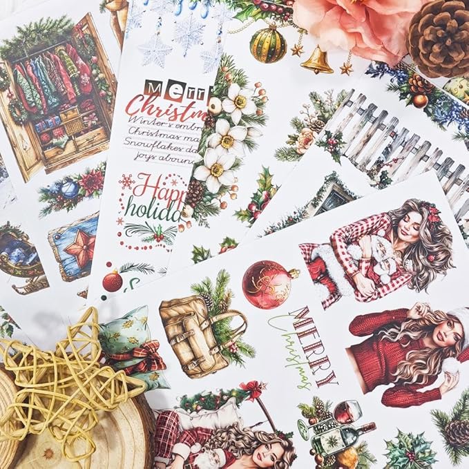 Christmas Wishes Scrapbook Stickers for Journaling Supplies, Pre-Cut Xmas Holiday Sticker Book for Junk Journals Scrapbooking Card Making Bujo, Planner, Album Craft, Adults
