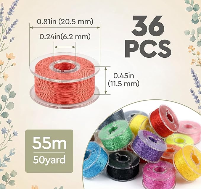 ilauke 36pcs Sewing Machine Bobbins with Case and Measuring Tape Prewound Bobbin Thread Assorted Colors Size A Class 15 Bobbins for Brother/Singer/Babylock/Janome