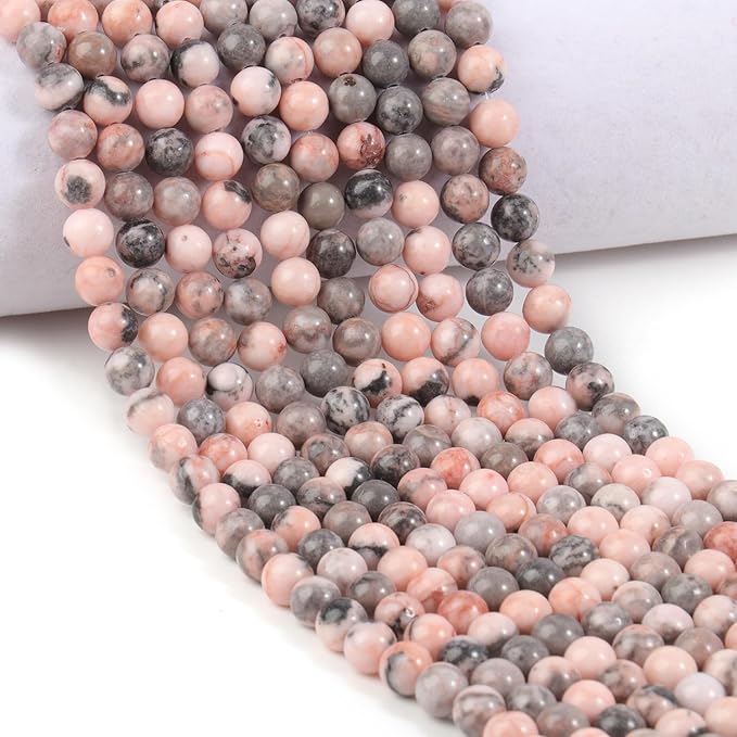 Stone Beads, 60pcs Pink Zebra Jaspers, 6mm Round Loose Beads for Jewelry Making, Bracelets, with Bag, String & Card