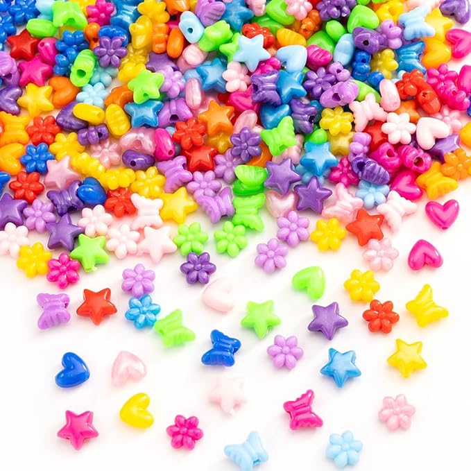 Gxueshan 1000 Pcs Acrylic Plastic Heart Star Mix Perforated Beads Bulk Rainbow Hair Beads, DIY Face Mask Pony Beads for Friendship DIY Kandi Bracelet Necklace Jewelry Making Supplies Kit (Mix)