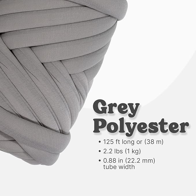 Light Weight Ultra Soft 2.2 LBS (1 kg) Chunky Yarn for Hand Knitting, Lush Polyester Fabric Tube Yarn to Make Handbags, Pillows, Blankets, Crafts (Grey)