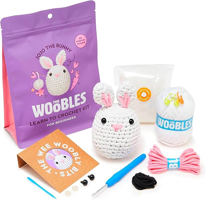 the woobles crochet kit for beginners - easy arts and crafts knitting & crochet animals kit as seen on shark tank - jojo the bunny