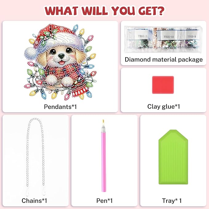 Bowetile Christmas Diamond Art Hanging Kits for Adults, Dog Diamond Art Suncatchers, 5D Special Shape Diamond Painting Pendant Window Ornament Christmas Gifts for Home Door Wall Decor