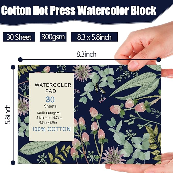 30 Sheets Watercolor Paper Pad, A5 (8.3 x 5.8) Hot Press Watercolor Paper, 140 lb/300 GSM Tearable Water Color Pad Watercolor Sketchbook for Art Painting, Drawing, Mixed Media