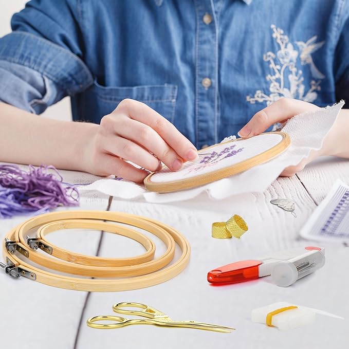 Mudder 53 Pieces Cross Stitch Tool Embroidery Starter Kit Includes Bamboo Circle Cross Stitch Hoop Ring Sewing Scissors Needle Threading Tools Thimbles Floss Bobbins Seam Ripper and Embroidery (Red)