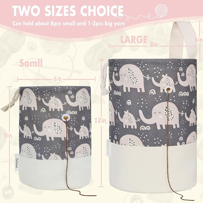 Yarn Bag, Small Crochet Bag Organizer, Drawstring Yarn Storage Knitting Bags, Portable Mini Yarn Holder for Crocheting Project, Store Skein Ball, Needles Accessories (Elephant Grey, Large)