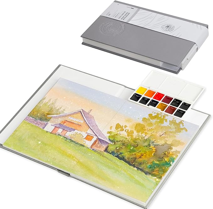 Paul Rubens Travel Watercolor Sketchbook, 24 Sheet 140lb/300gsm 100% Cotton Acid-Free Hot Press Watercolor Journal with Glitter Effect (5.31"x3.81"), with 12-Color Travel-Size Artist Grade Water color