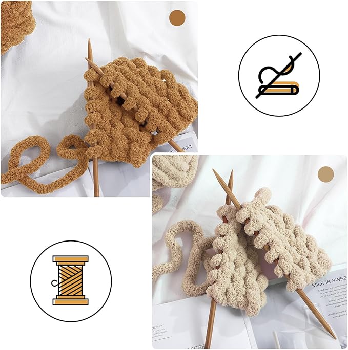 MABOZOO Assorted Chunky Yarn for Crocheting 8 Pack,Fluffy Jumbo Chenille Yarn,Soft Plush Yarn Bulky,Giant Thick Fuzzy Yarn for Hand or Arm Knitting,Khaki & Coffee(31.7 yds,8 oz Each Skein)