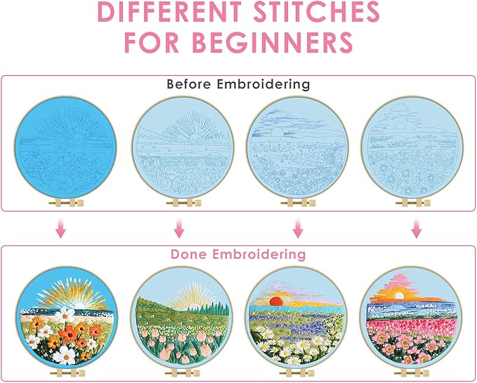 TINDTOP Embroidery Kit for Adult, 4 Pack Cross Stitch Practice Kits for Beginners Include Embroidery Cloth Hoops Threads for Craft Lover Hand Stitch with Embroidery Skill Techniques