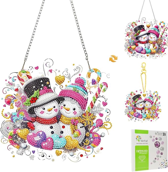 Masendp Adult Diamond Art Hanging Kit Double Reversible, Special Shape Rhinestones, DIY Acrylic 5D Diamond Art Painting Window Pendant Home Garden Wall Mounting Kit Hanging Ornament. (2 Snowmen)