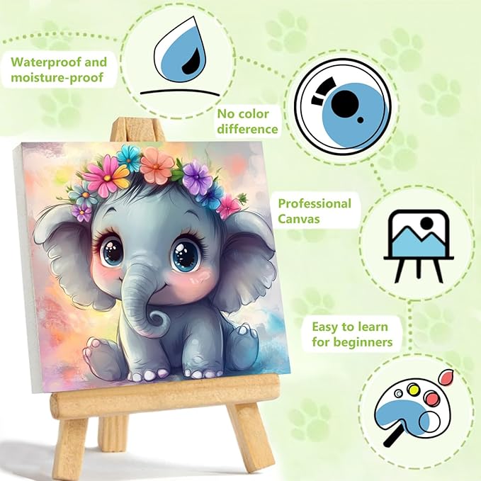 Reivworl Paint by Numbers Kit for Kids with Frame and Easel, Elephant Paint by Number for Kids Age 6-8-12, Acrylic Paint by Numbers for Gifts and Home Decor (8X8inch)