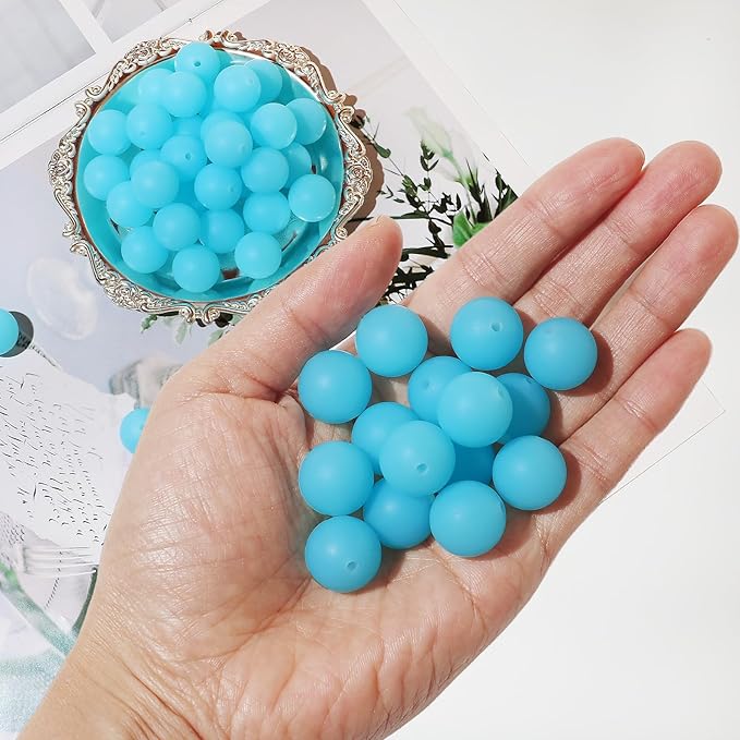 120pcs Richbunnys 15mm Bulk Silicone Beads for Pens and Keychain Making,Large Bead for Necklace and Bracelets Making,Assorted Rubber Beads Set（Ice Blue）